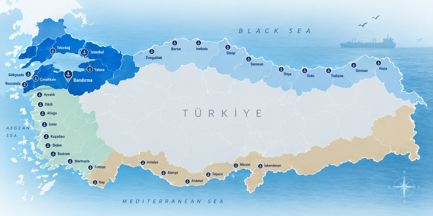 TONYA'nın Marmara'daki doğrudan acentelik bölgesi ile Türkiye genelindeki yerel acente ağına bağlı limanları gösteren harita